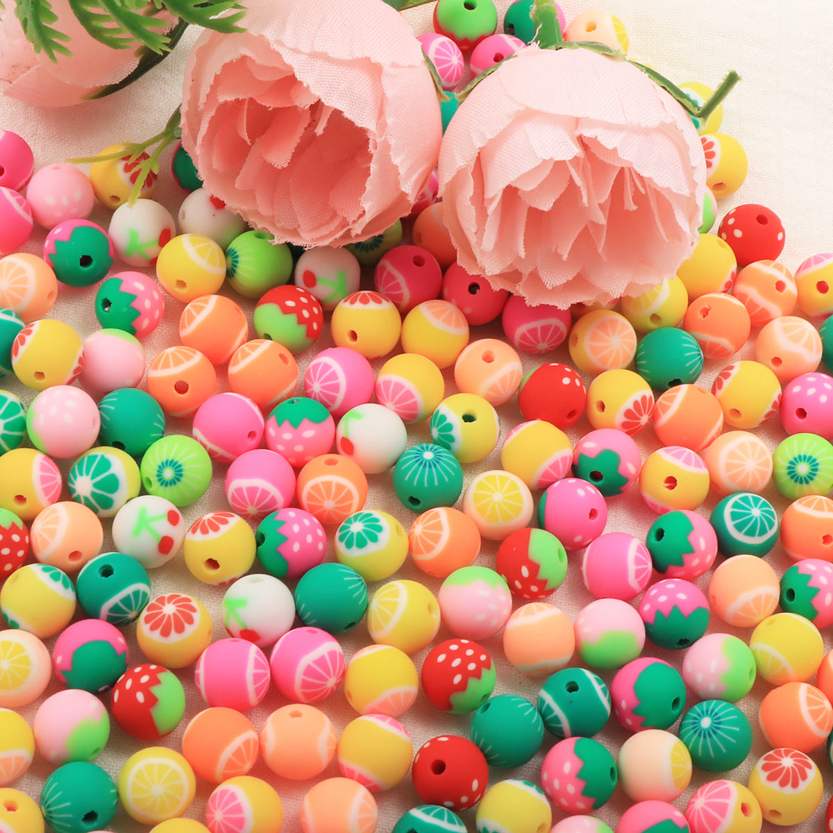 Round Clay Beads 8mm Fruit Pattern Polymer 100pcs