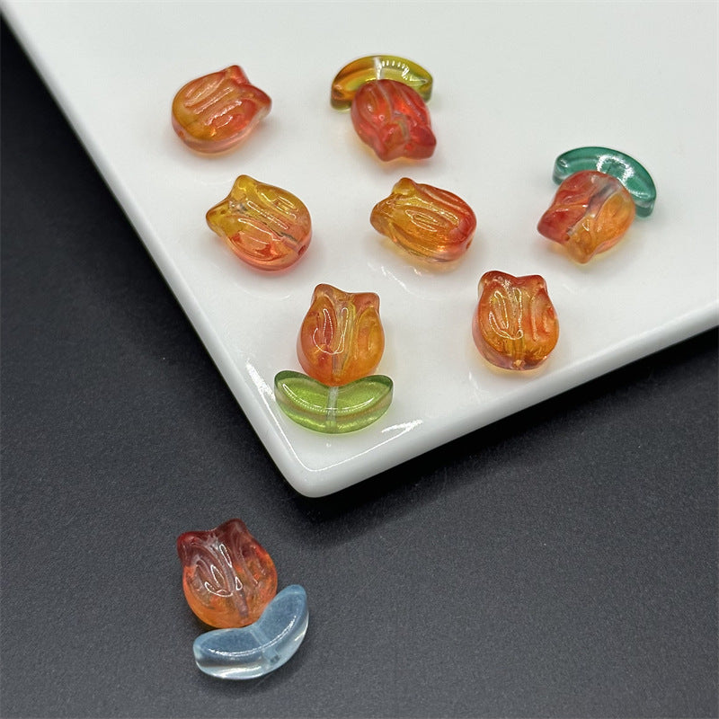 Tulip Transparent Glass Beads 12mm Pink Green Floral 100pcs 16