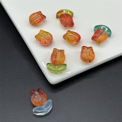 Tulip Transparent Glass Beads 12mm Pink Green Floral 100pcs 16