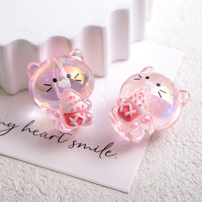 Plating Heart Acrylic Beads 27mm Transparent Cat Design 10pcs 14