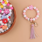 Colorful Flower Silicone Bead Wristlet Keychain with Leather Tassel 2