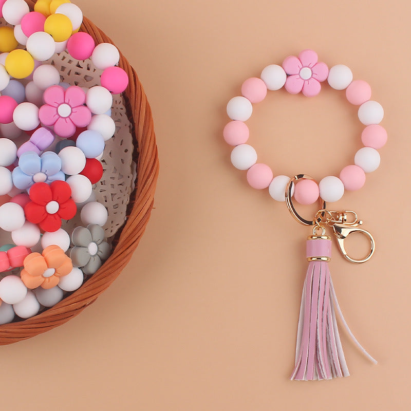 Colorful Flower Silicone Bead Wristlet Keychain with Leather Tassel 2