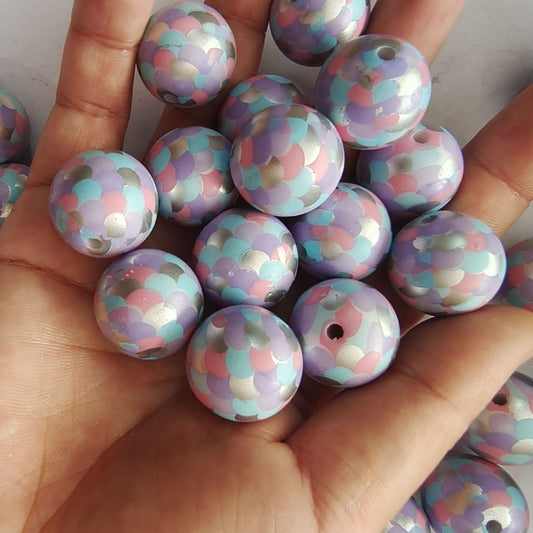 Fish Scale Printed Bubblegum Beads 20mm Pastel Glossy Acrylic 5pcs