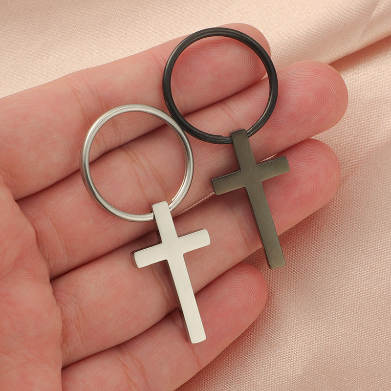 Stainless Steel Cross Keychain Minimalist Polished Silver and Black 4