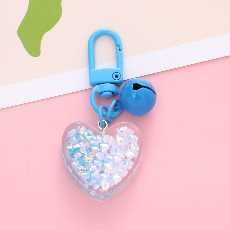 Acrylic Heart Keychain with Iridescent Flakes and Colorful Bell Charm 11