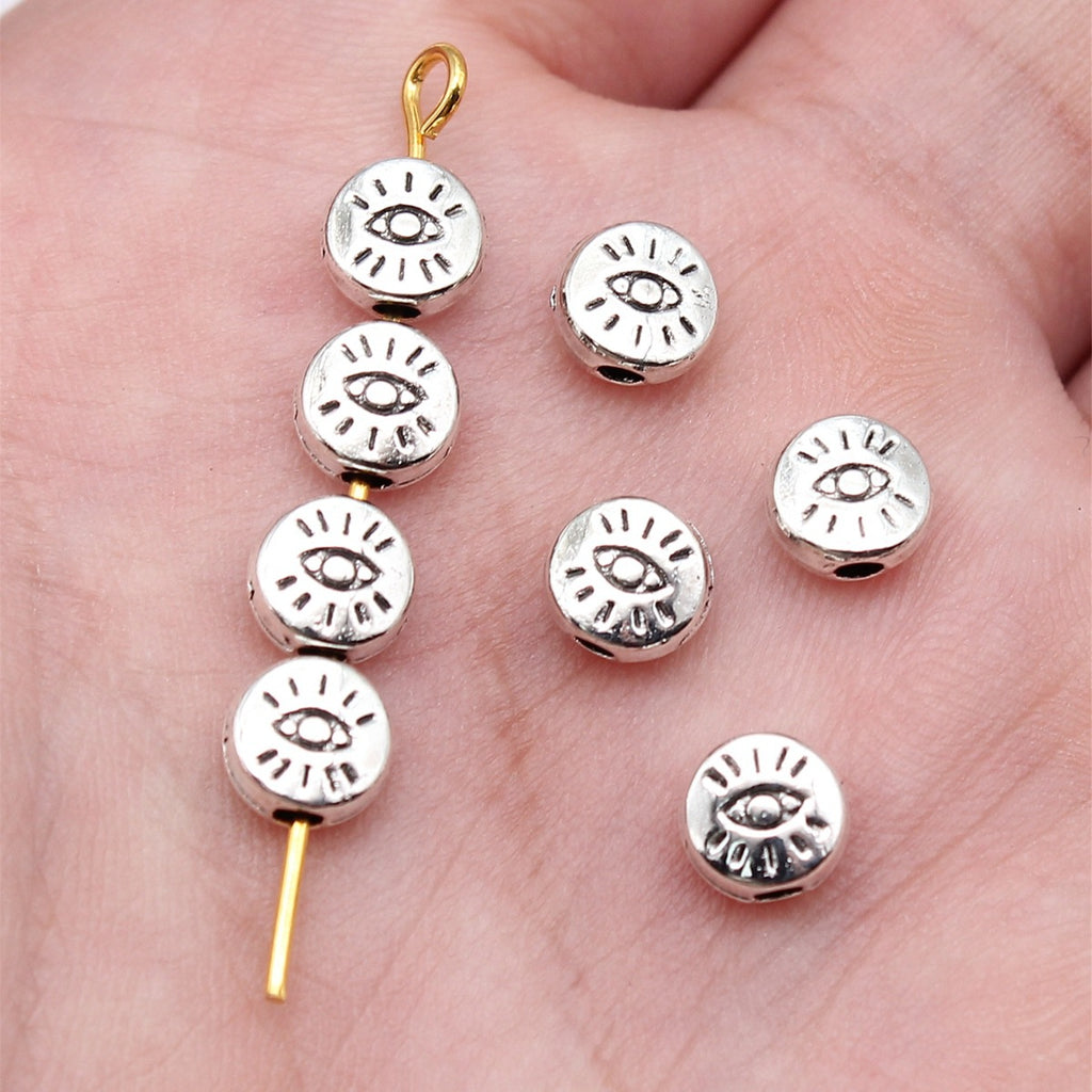 Flat Metal Beads 6mm Eye Pattern Silver Tone Zinc Alloy 80pcs