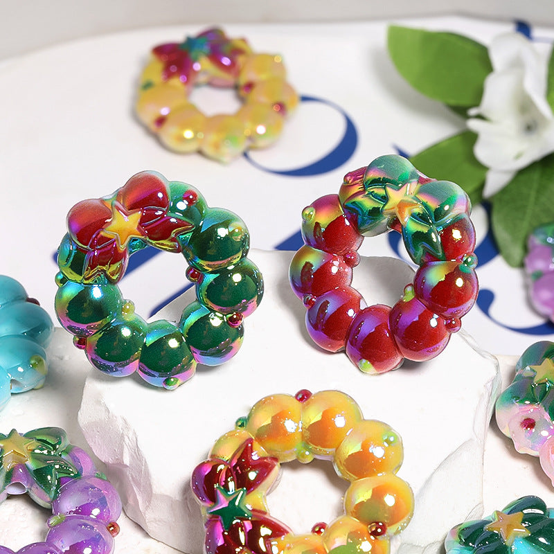 Plating Christmas Wreath Acrylic Beads 39mm Glossy Mixed Colors 15pcs