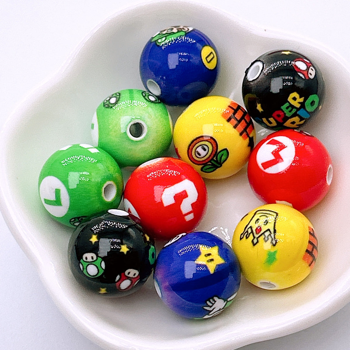 Painted Round Acrylic Beads 16mm Mario Baking Theme 100pcs
