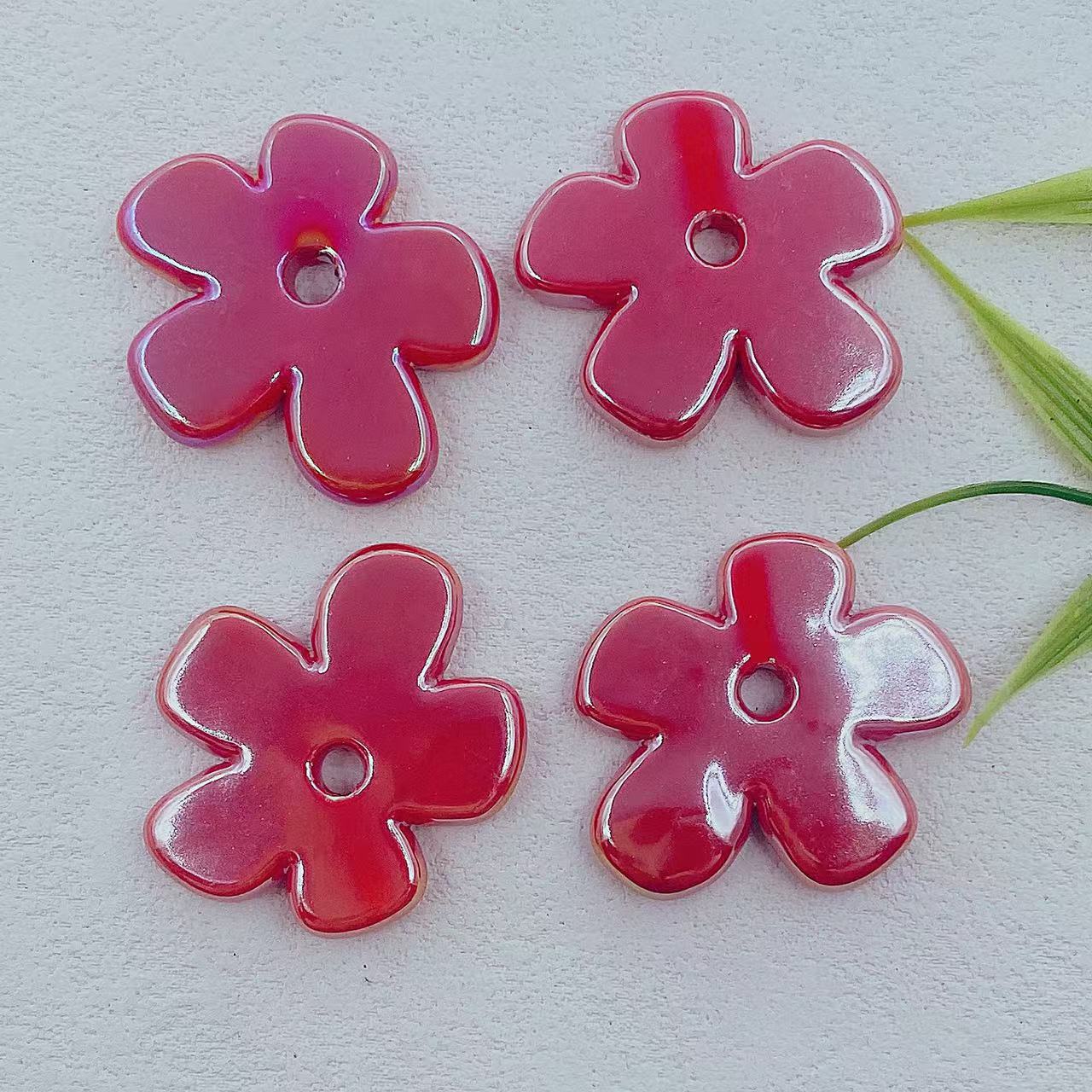 Flat Five-petal Flower Ceramic Beads 36mm Colorful Glazed 10pcs 8