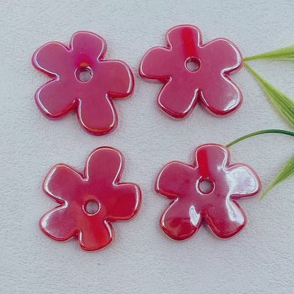 Flat Five-petal Flower Ceramic Beads 36mm Colorful Glazed 10pcs 8