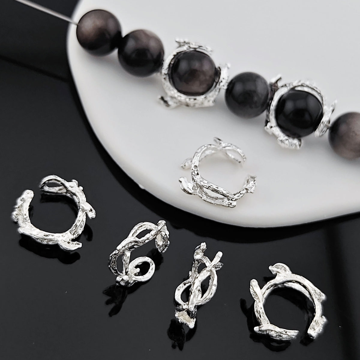 Flower Branch Metal Beads Frame 16mm Botanical Texture Zinc Alloy 10pcs 2