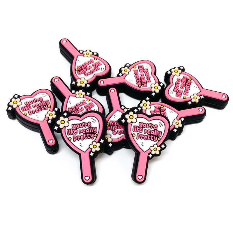 Silicone Focal Beads Double Sided Heart Mirror with Floral Accents 20pcs 3