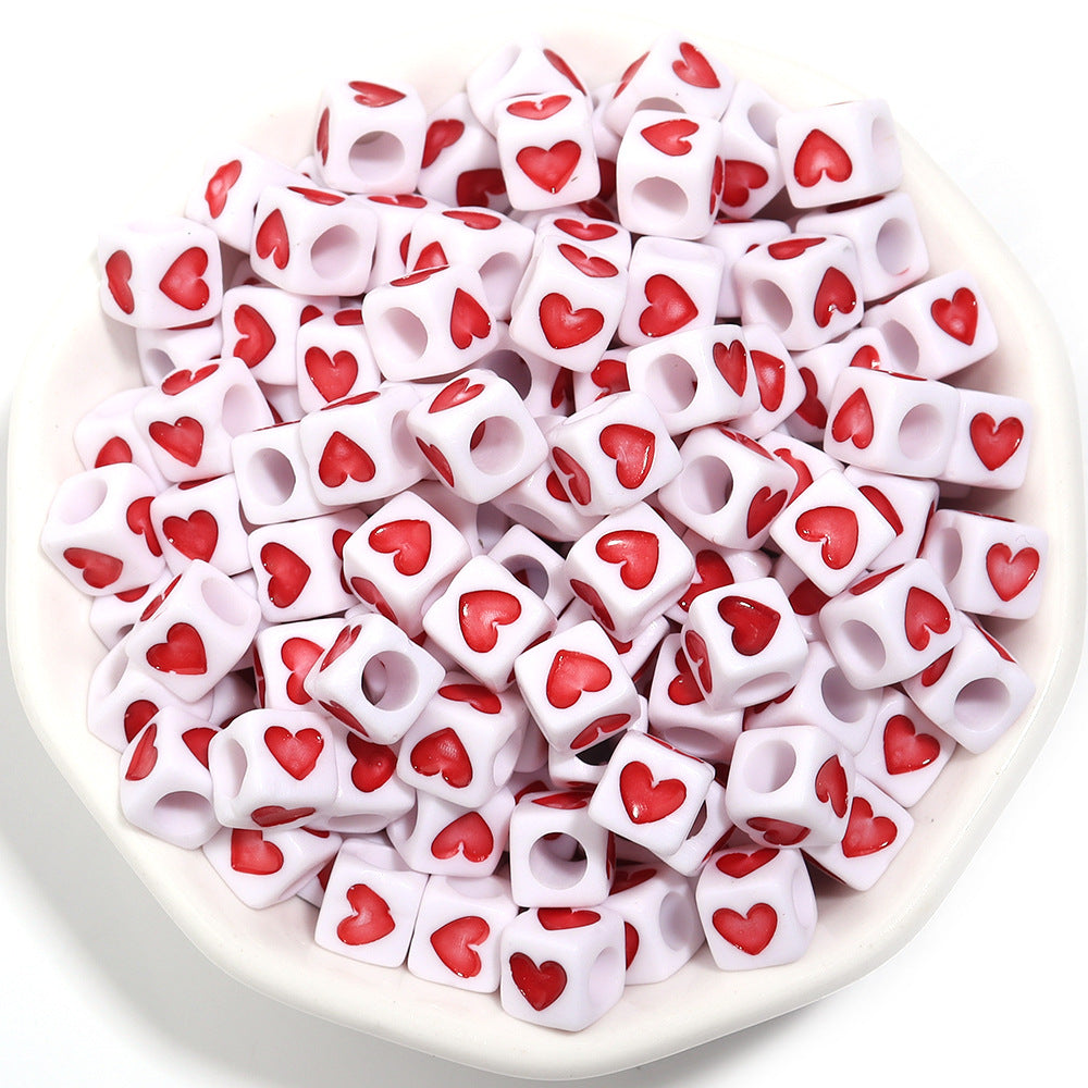 Square Acrylic Beads 6.7mm Glossy Dripping Oil Love Design 100pcs 15
