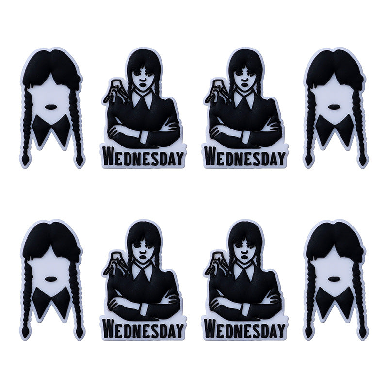 Silicone Focal Beads Wednesday Girl Bold Black and White 20pcs