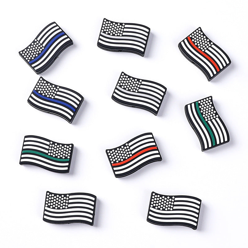 Silicone Focal Beads Red Blue Flag With Single Colored Stripe 20pcs 4