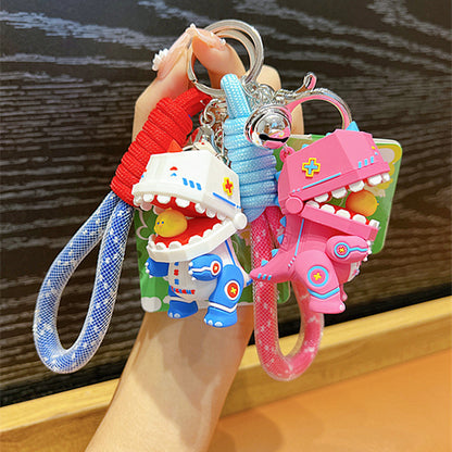 Soft Rubber Dinosaur Keychain with Open Jaw and Yellow Duck Charm