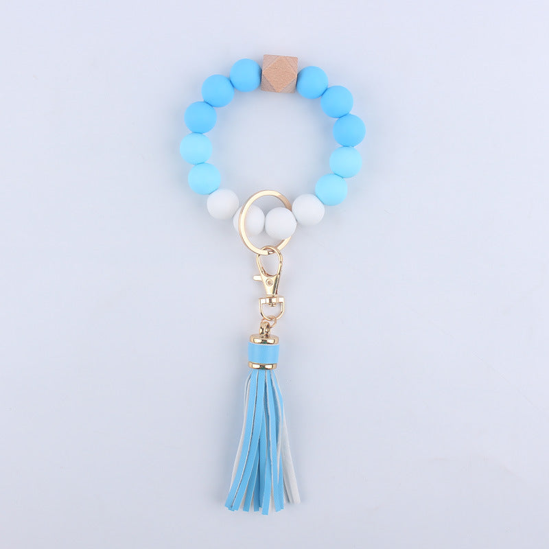 Silicone Beaded Wristlet Keychain with Wooden Beads and Leather Tassel 8cm 10