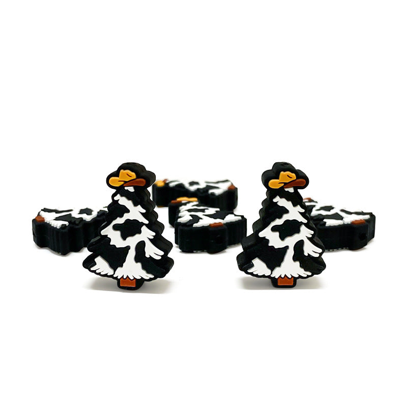 Silicone Focal Beads Christmas Tree Cow Print with Mustard Star 20pcs 3