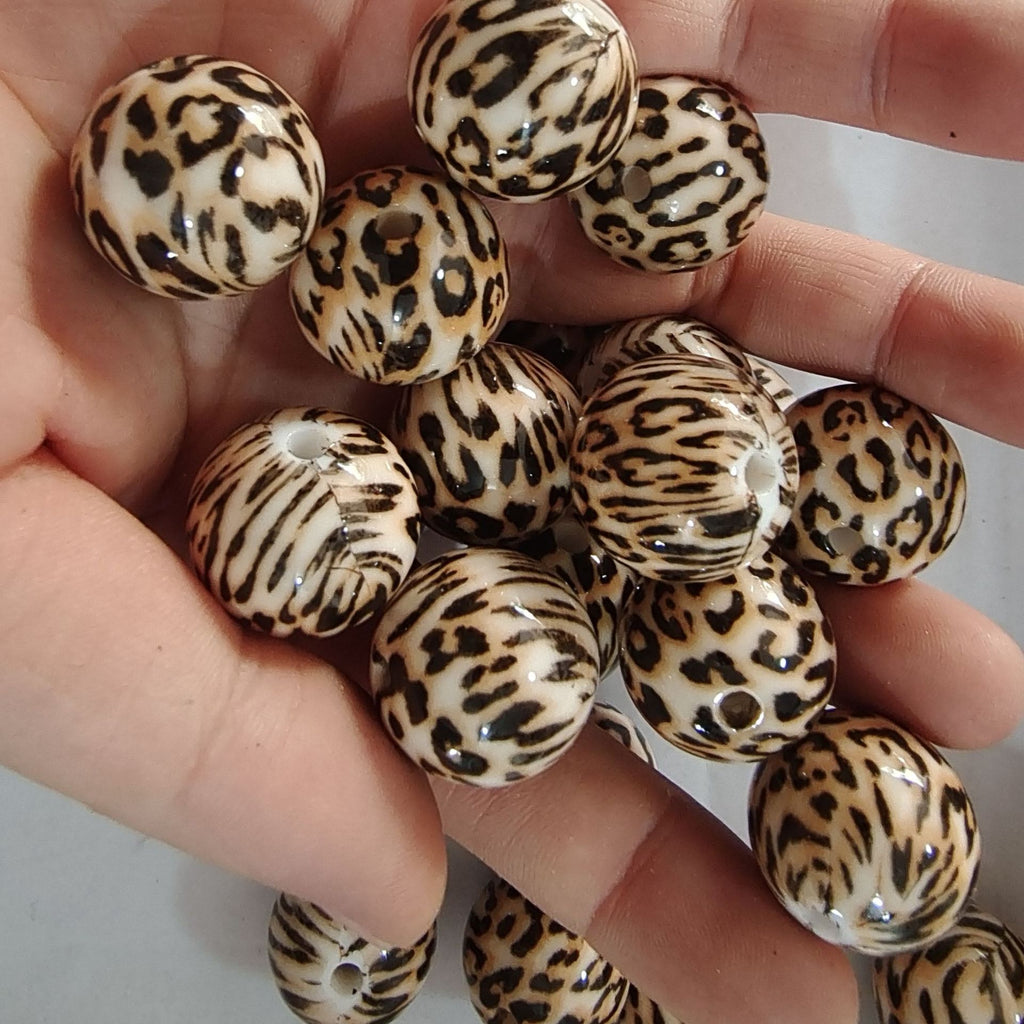 Printed Bubblegum Beads 20mm Coffee Leopard Print Round 10pcs 2