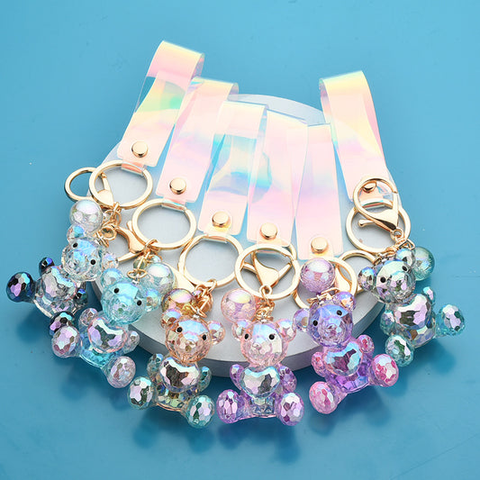 Acrylic Bear Keychain Faceted Iridescent Strap 14cm