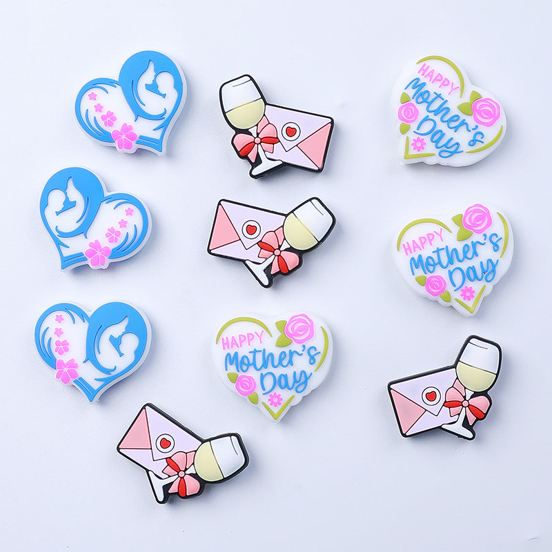 Silicone Focal Beads Mother's Day Heart Holding Child Envelope with Wine Glass 20pcs 2