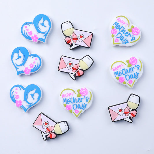 Silicone Focal Beads Mother's Day Heart Holding Child Envelope with Wine Glass 20pcs 2
