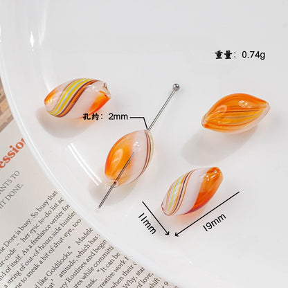 Vintage Pattern Olive Shaped Blown Glass Beads Handmade 4pcs 8