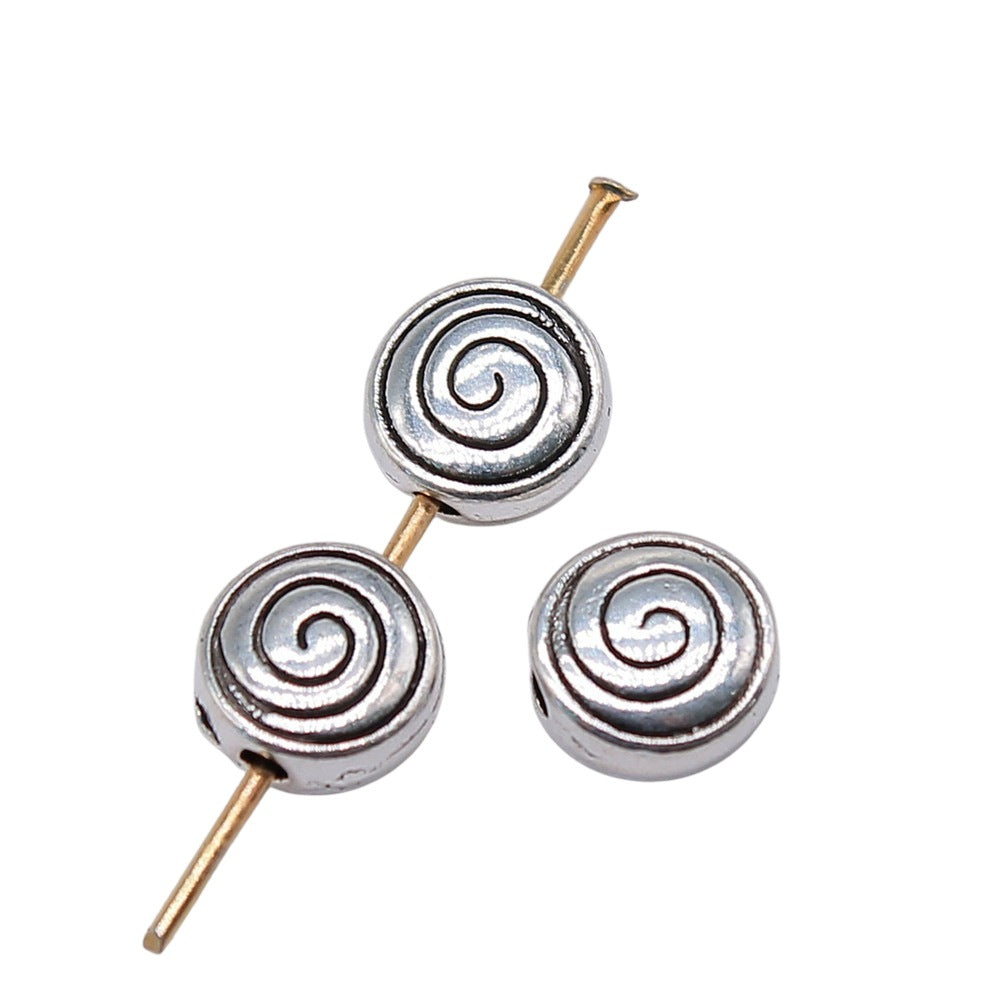Flat Metal Beads 8mm Spiral Threaded Pattern Antique Silver Tone 50pcs 3
