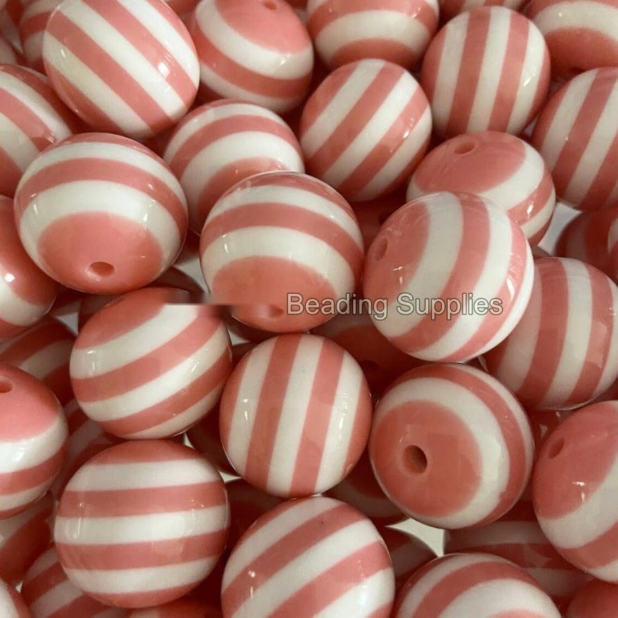 Striped Bubblegum Beads 20mm Light Pink White Chunky Resin 10pcs