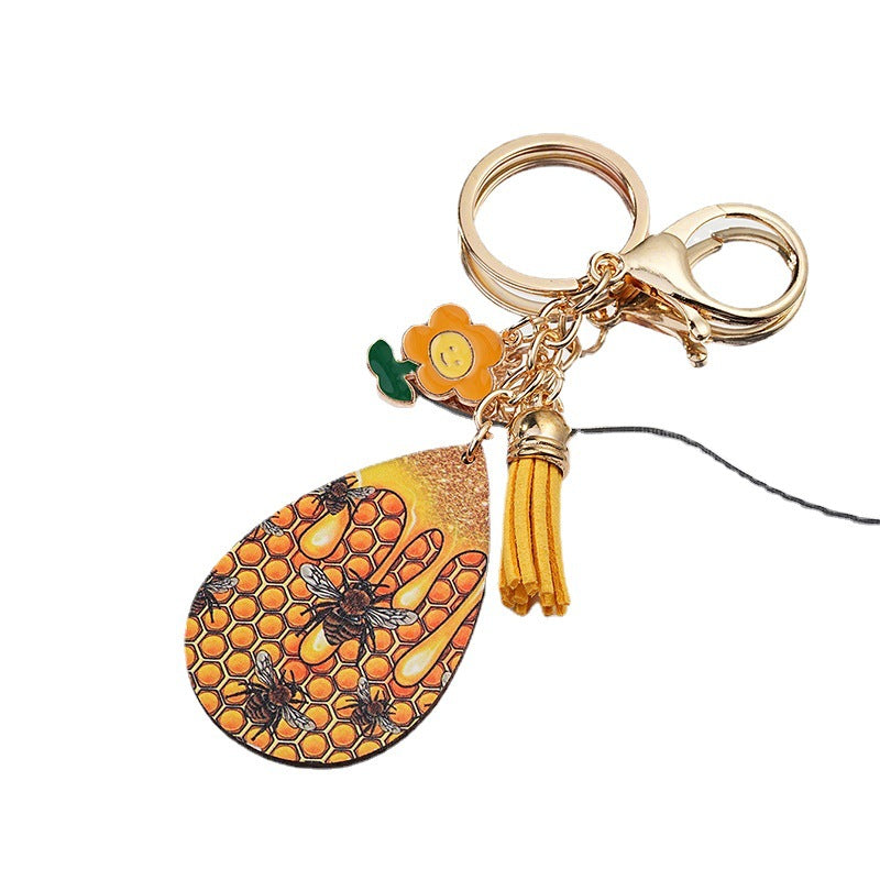 Honeycomb Keychain Metal Golden Bees Tassel Nature Design
