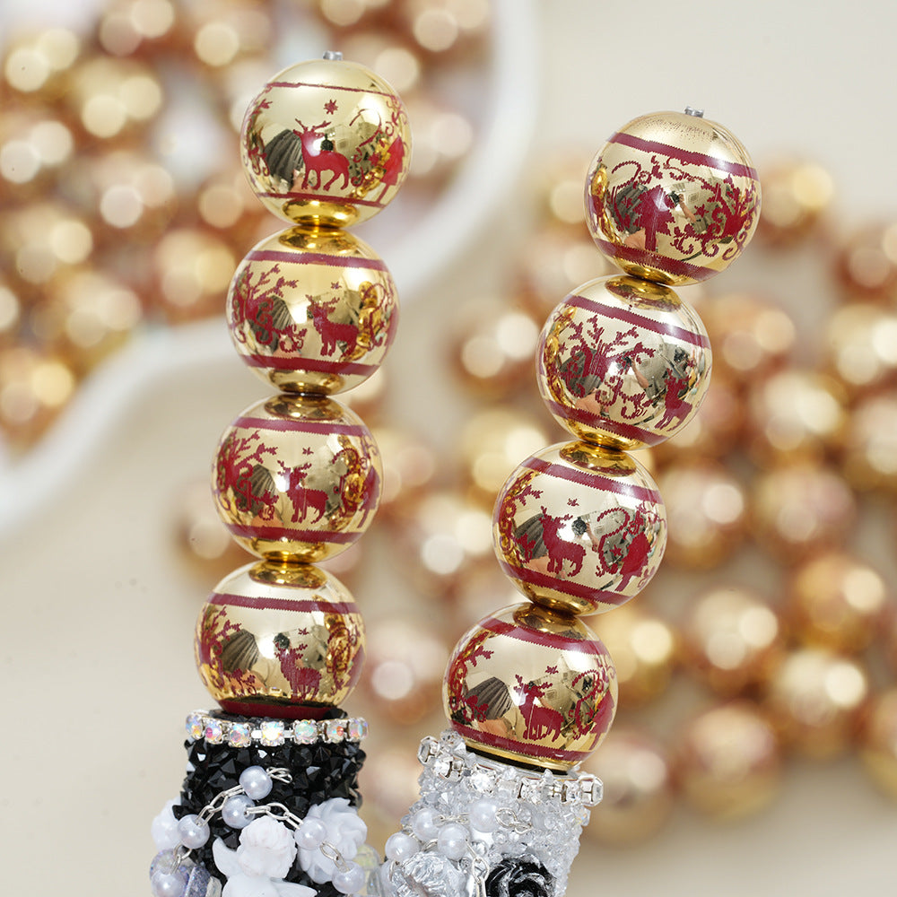 UV Plating Christmas Deer Acrylic Beads 16mm Golden Red Print 10pcs 4