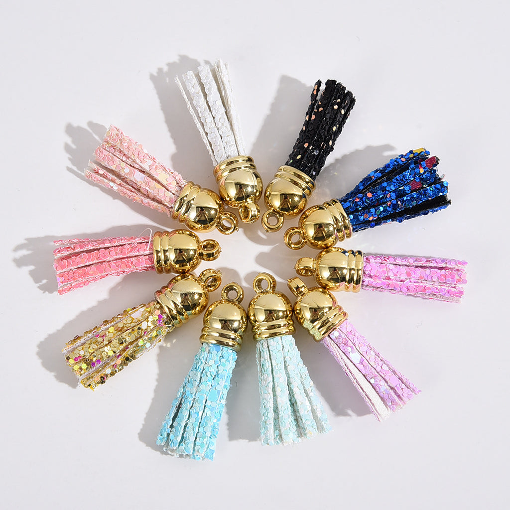 Glitter Mini PU Leather Tassels with Gold Caps 36mm 50pcs