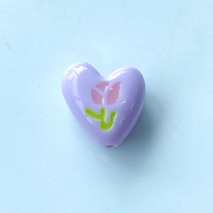 Hand Painted Heart Acrylic Beads 20mm Summer Tulip Pastel 100pcs 10