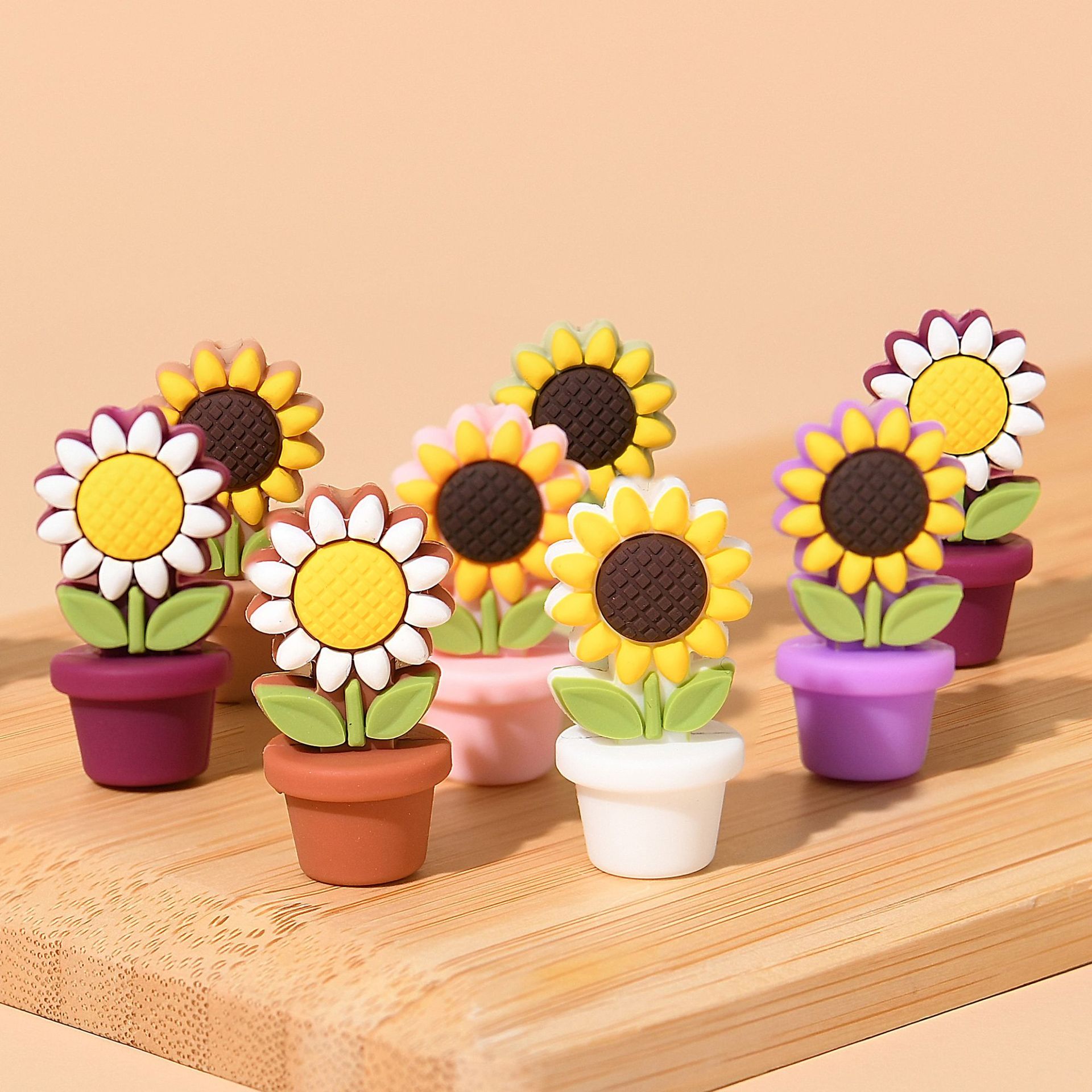 Silicone Focal Beads Sunflower Flowerpot Brown Pot Yellow Flower 20pcs 2