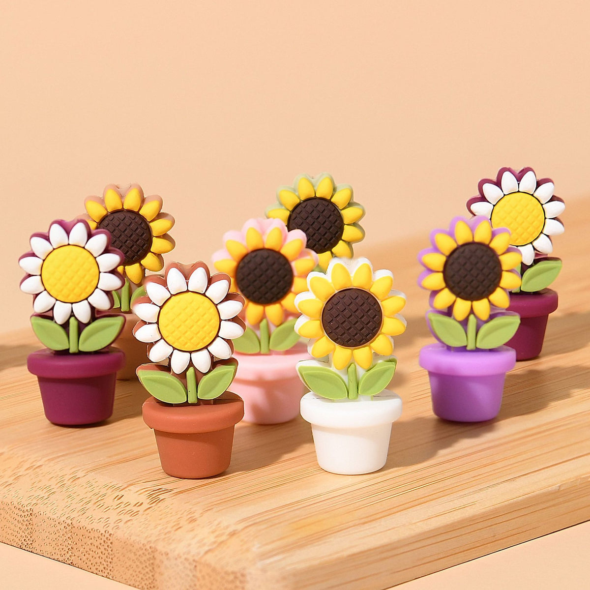 Silicone Focal Beads Sunflower Flowerpot Brown Pot Yellow Flower 20pcs 2