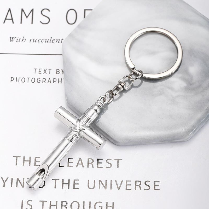 Alloy Cross Whistle Keychain Zinc Metal Industrial Style Silver Black 4