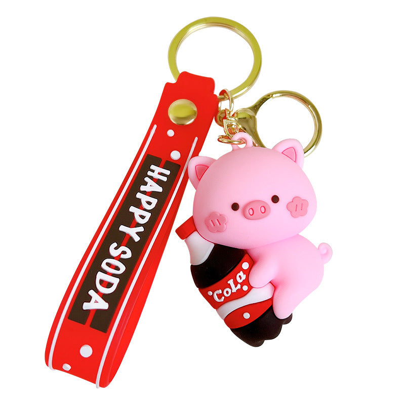 PVC Animal Cartoon Piglet Keychain with Soda Bottle Red Pink