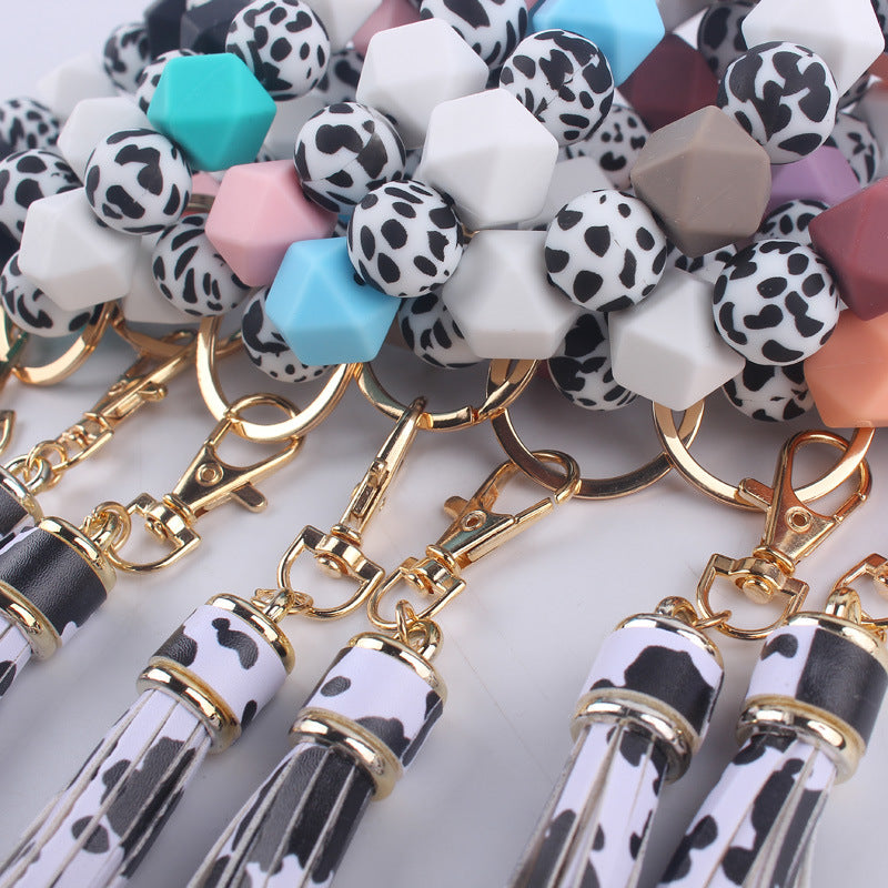 Leopard Print Silicone Bead Tassel Wristlet Keychain 4