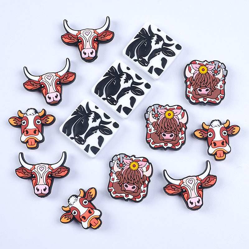 Silicone Focal Beads Farm Highland Cattle Square Cow Surprised Expression 20pcs 2