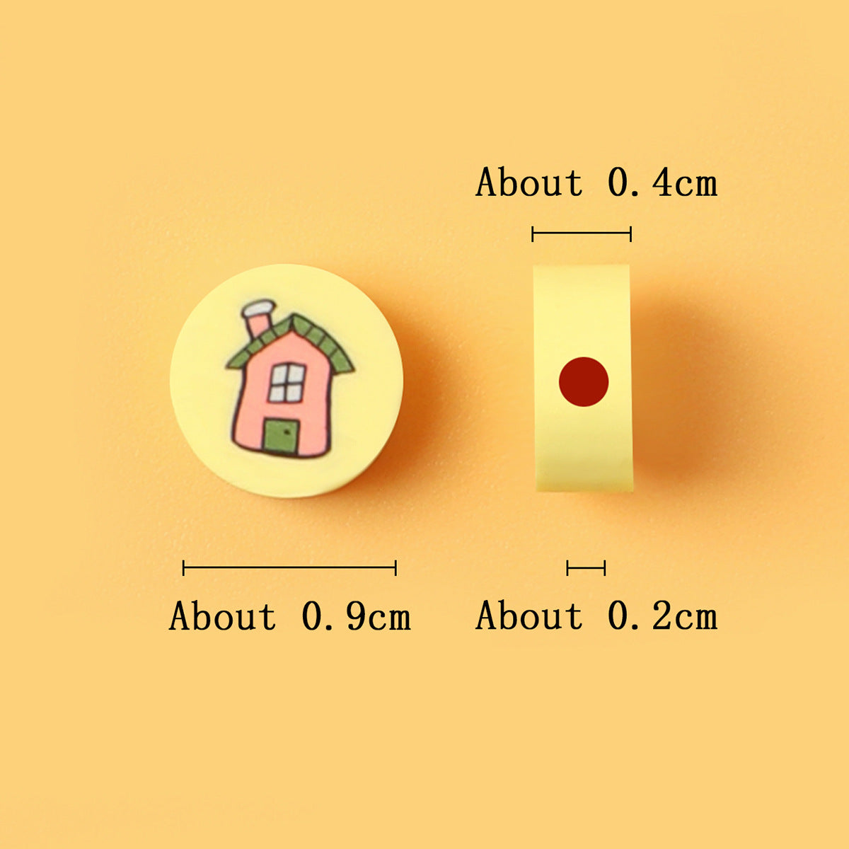 Flat Round Clay Beads 9mm Yellow with Pink House Pattern 100pcs 2