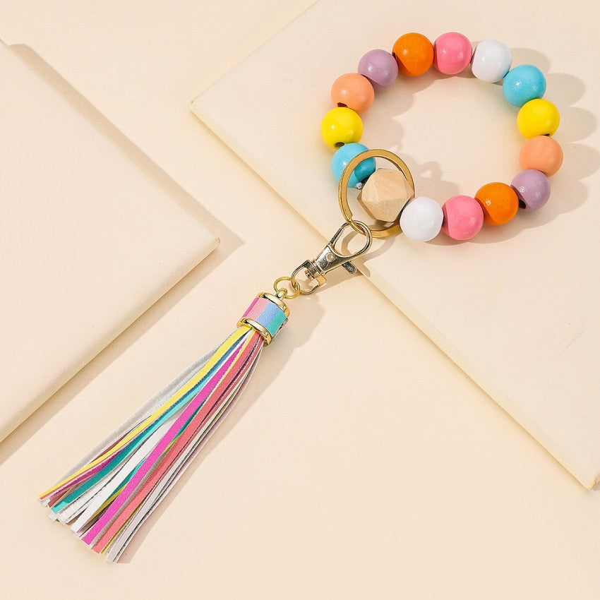 Wooden Beads Tassel Wristlet Keychain Natural Texture Pastel Colors 9