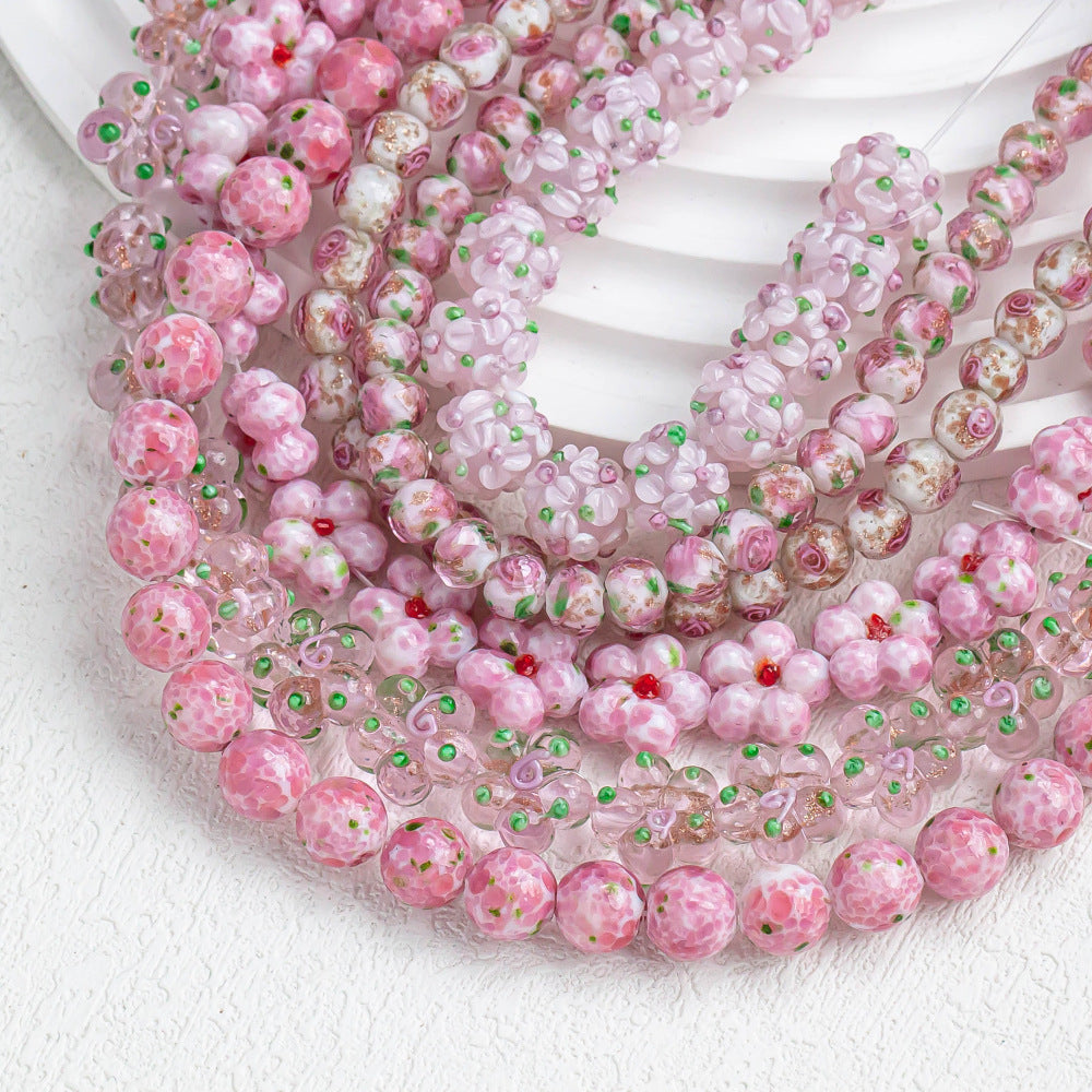 Lampwork Glass Beads Floral Pink Tone Translucent Faceted 4pcs 4