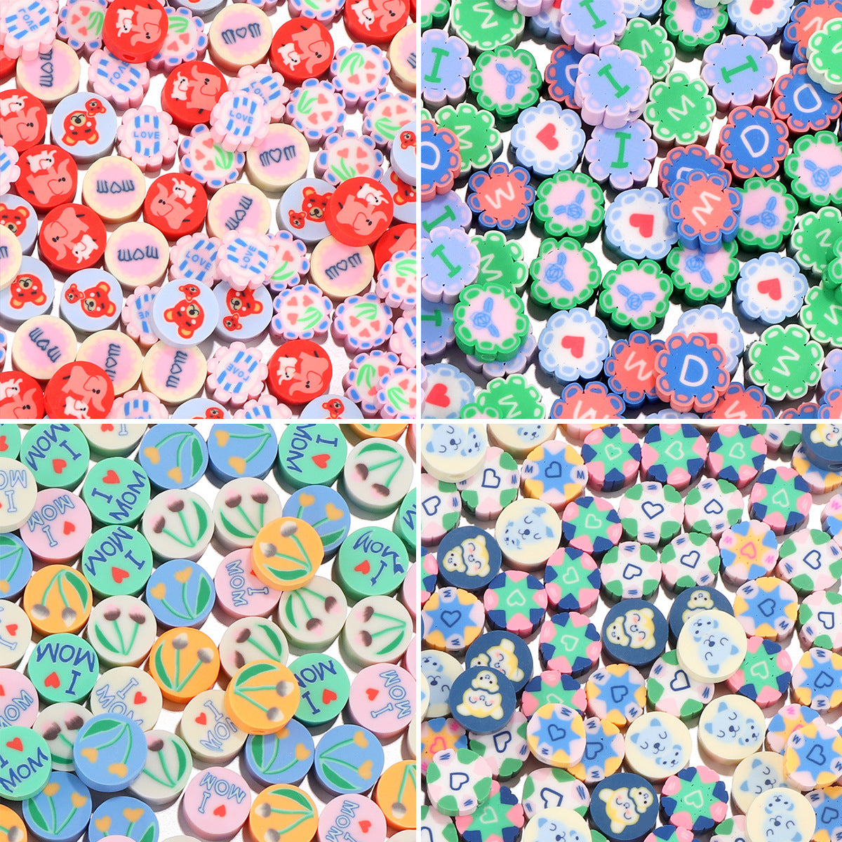 Flat Clay Beads 9mm Mother'S Day Series Pattern Polymer 100pcs