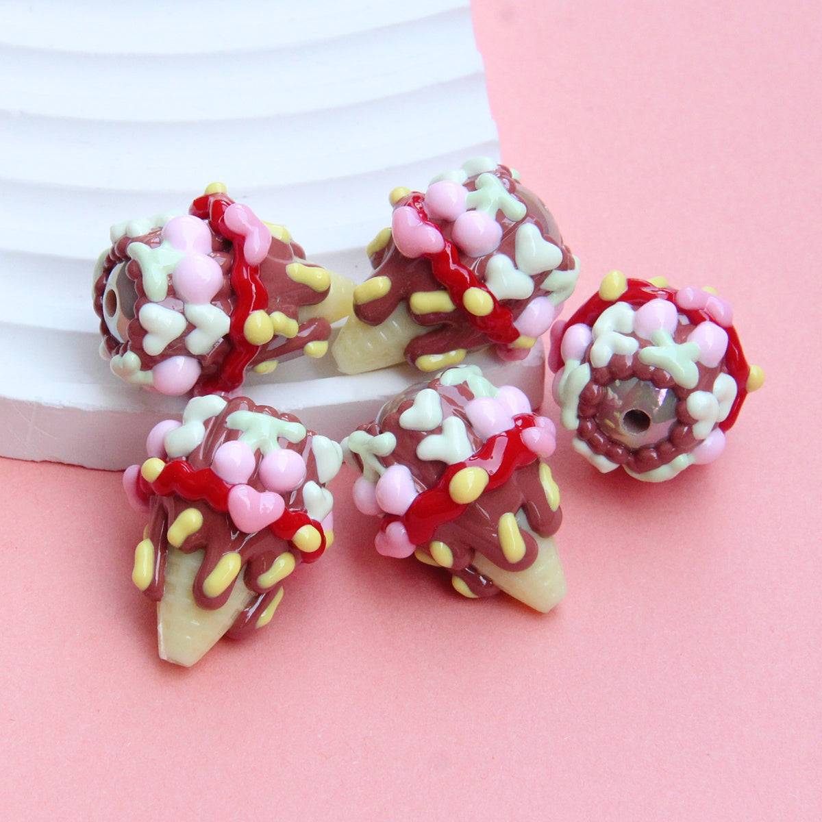 Hand Painted Acrylic Beads 3D Christmas Bells and Cabin 5pcs 12