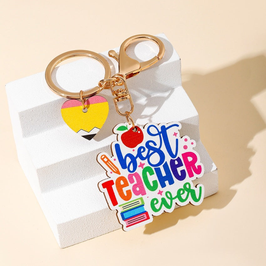 Wood Teacher Keychain Set Rainbow Apple Pencil Bouquet 2pcs 4