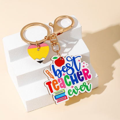 Wood Teacher Keychain Set Rainbow Apple Pencil Bouquet 2pcs 4