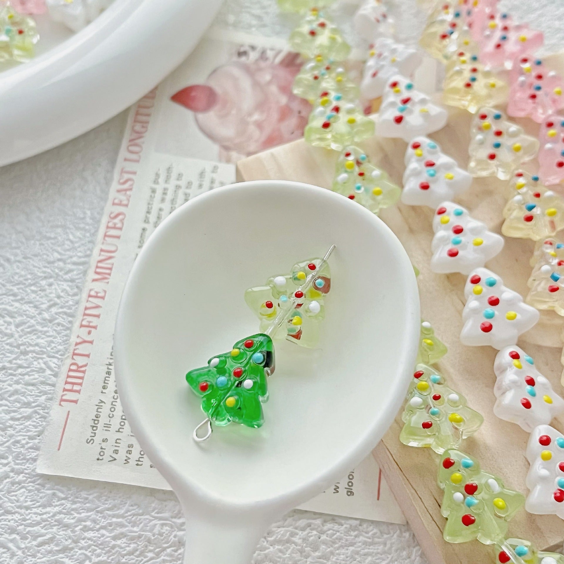 Hand Painted Christmas Tree Enamel Glass Beads 16mm 1pc 4