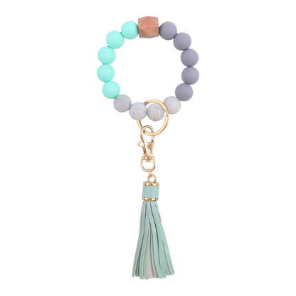 Silicone Beaded Wristlet Keychain with PU Tassel and Wood Accent 14