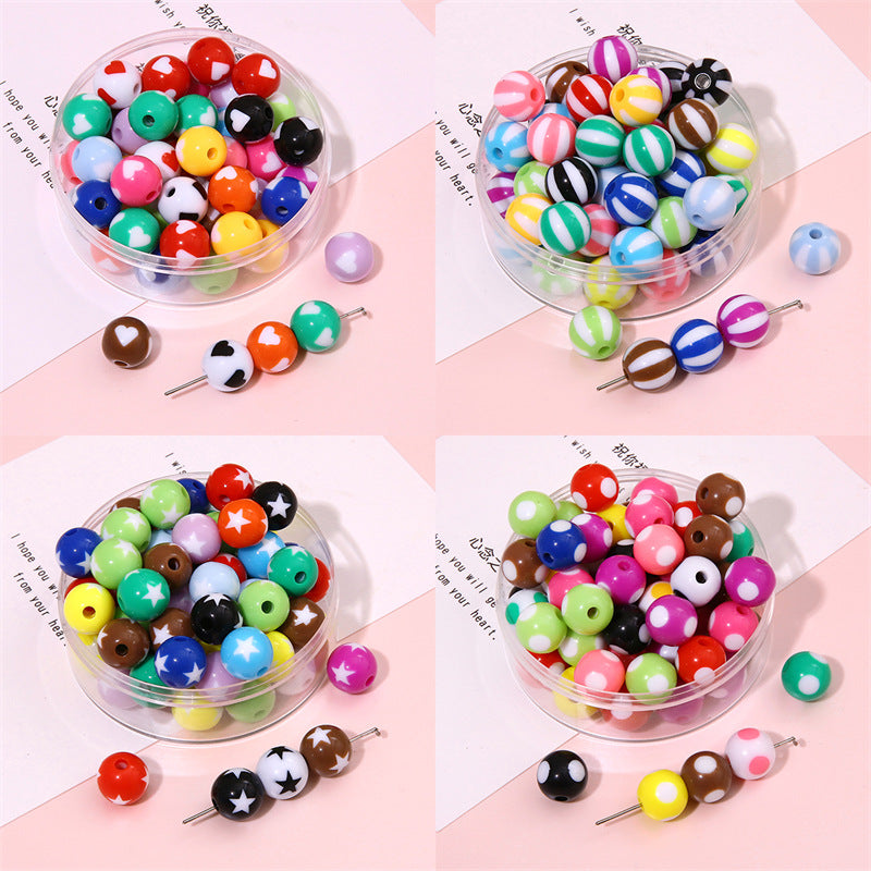 Heart Round Acrylic Beads 12mm Colored Striped Printed 10pcs 4