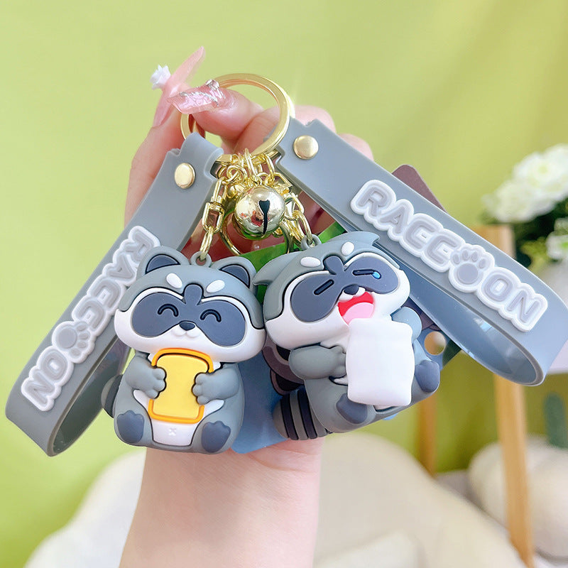PVC Cute Raccoon Keychain Gray Soft Tone With Jingle Bell